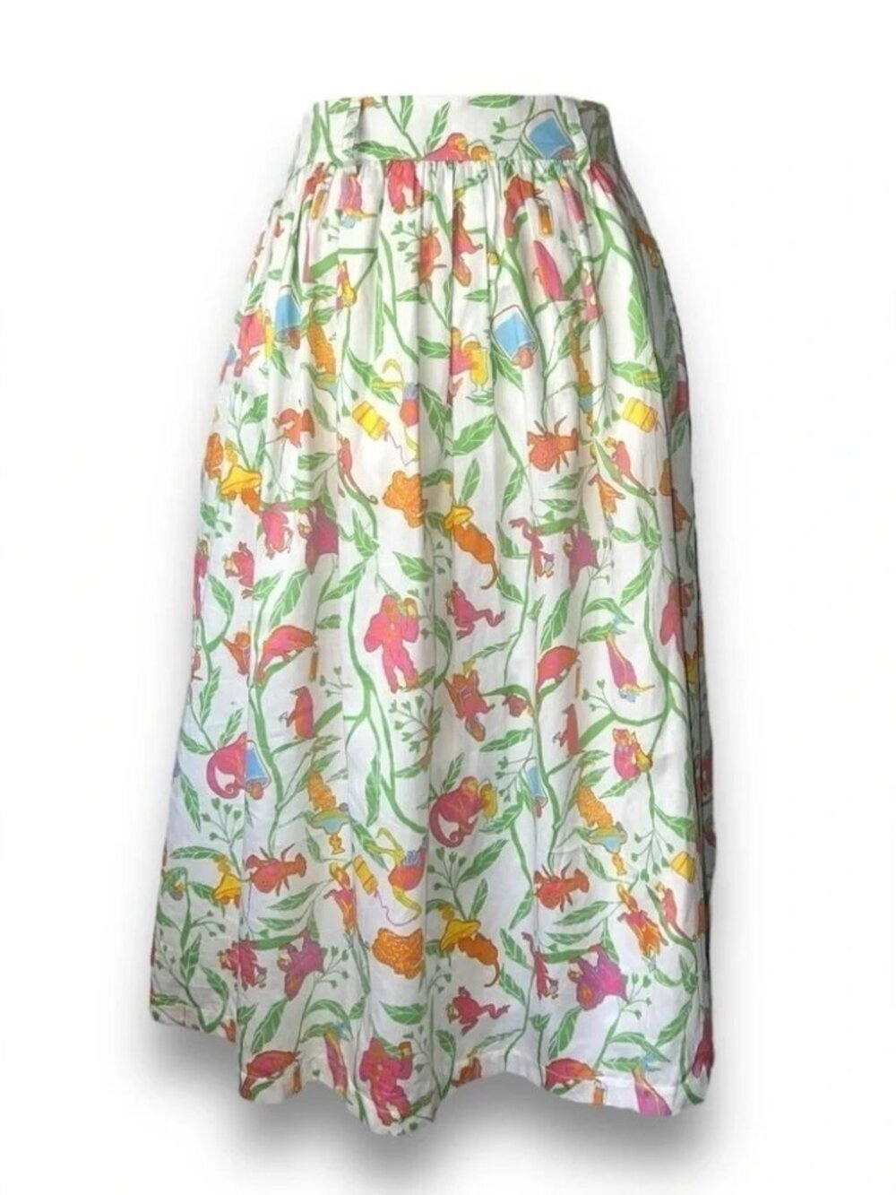 ModCloth White Midi Skirt with Pink, Orange, Green and Blue Floral Print